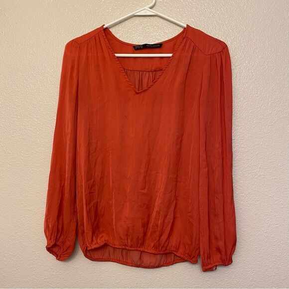 Zara Basic coral orange V-neck silky long sleeve blouse top elastic hemline-S - Picture 1 of 7